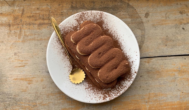 Chocolate Tiramisu served on a wooden table