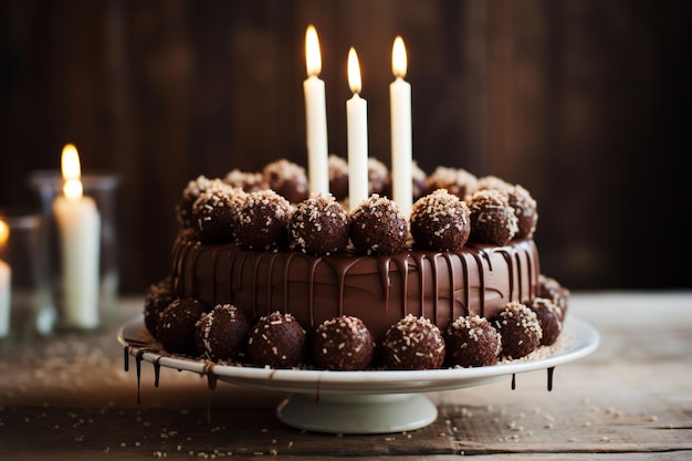 Photo chocolate truffle cake with birthday candles