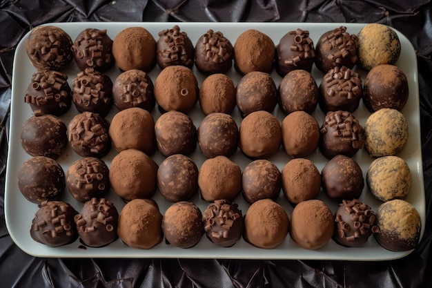 Chocolate truffles arranged in neat rows on platter