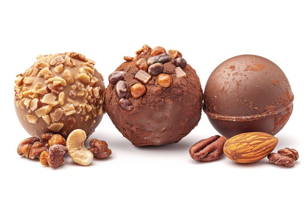 Photo chocolate truffles with nut and caramel toppings showcasing the rich flavors and luxurious quality