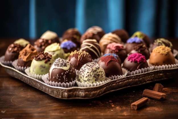 Chocolate truffles with a variety of fillings cut in half created with generative ai