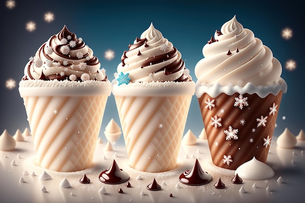 Chocolate vanilla ice cream cone ads with ice cubes and snowflakes