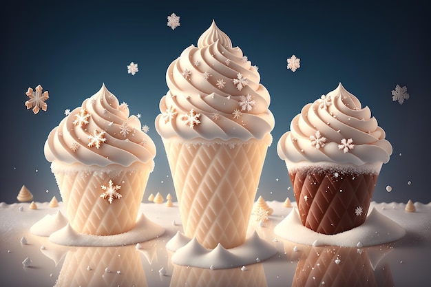 Chocolate vanilla ice cream cone ads with ice cubes and snowflakes