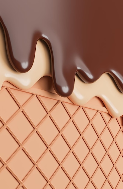 Chocolate and Vanilla Ice Cream Melted on Wafer Background.,3d model and illustration.