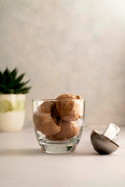 Chocolate vegan icecream scoops in glass sundae bowls dessert for summer time