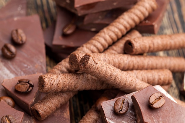 Chocolate waffle tubes with chocolate filling