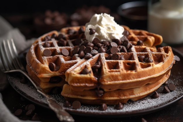 Chocolate waffles with chocolate chips on a plate