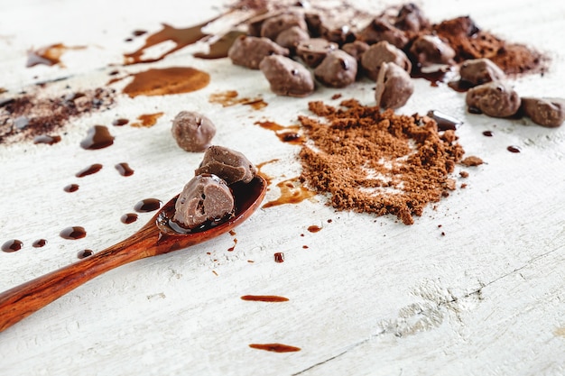 chocolate on wooden table 