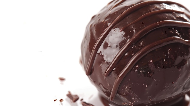 Chocolatecovered dessert ball drizzled with melted chocolate on white background