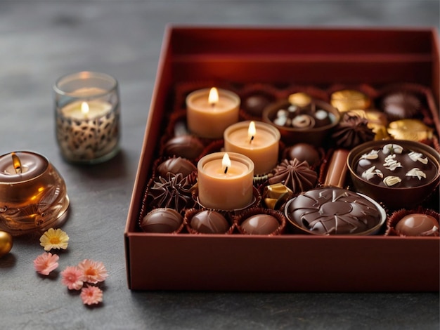 Photo chocolates in a box on an aesthetic table with candles