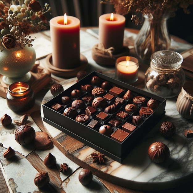 Photo chocolates in a box on table with candles