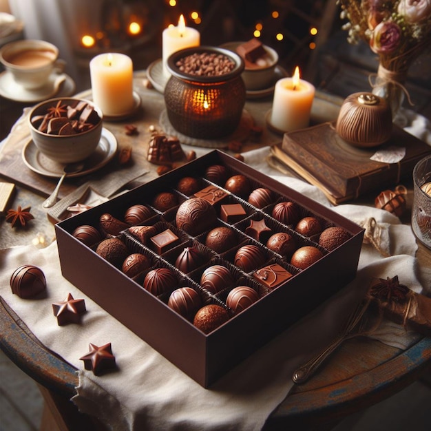 Photo chocolates in a box on table with candles