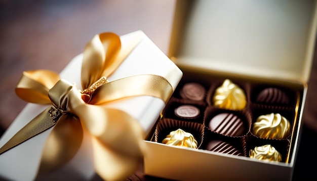 Chocolates and chocolate pralines in a gift box as a luxury holiday present generative ai