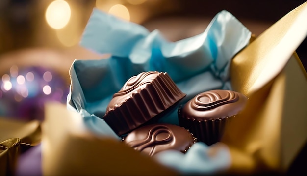 Chocolates and chocolate pralines in a gift box as a luxury holiday present generative ai