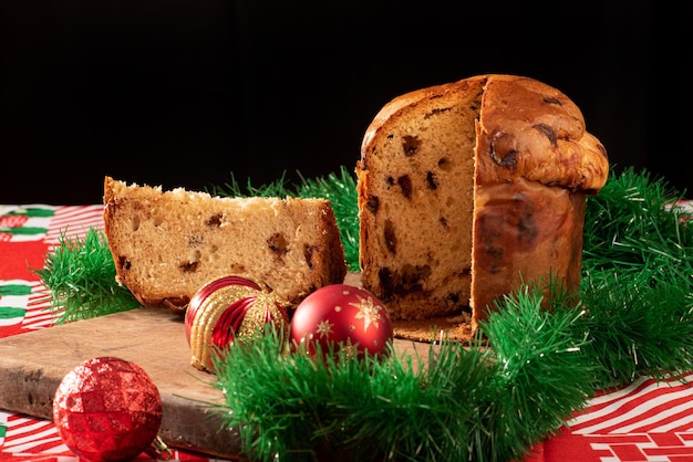 Chocotone, panettone with chocolate chips, photo as the product is in reality, selective focus.