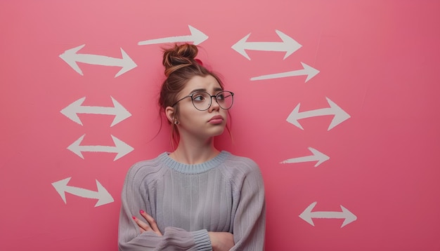 Photo choice in profession or other areas of life concept making decision thoughtful young woman surrounded by drawn arrows on pink background