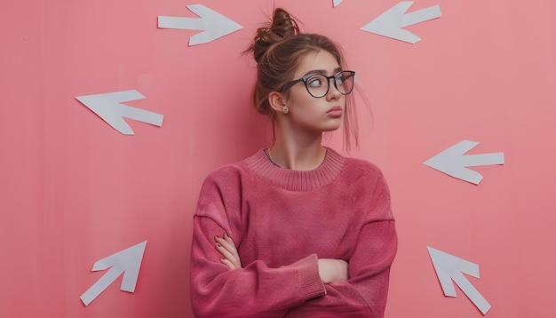 Photo choice in profession or other areas of life concept making decision thoughtful young woman surrounded by drawn arrows on pink background