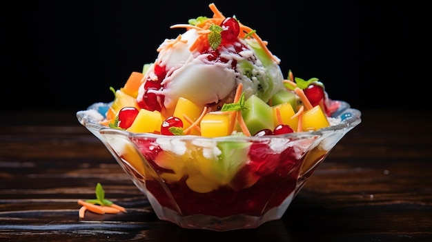 Photo cholado refreshing colombian fruit salad with shaved ice and syrups