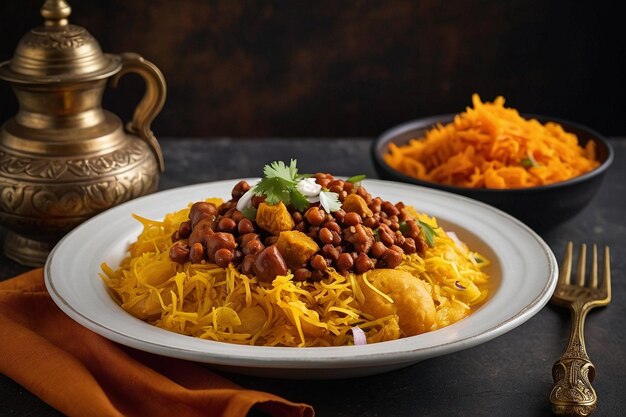 Chole bhature served with a side of spiced pumpkin sal