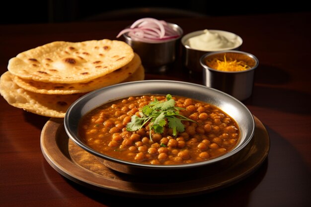 Photo chole bhature with a bowl of spiced chickpea curry