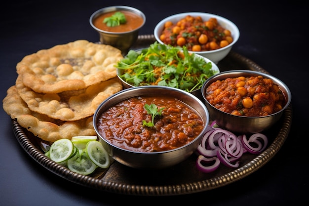 Chole bhature with a bowl of spicy tamarind chutney