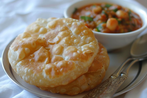 Chole bhature with a bowl of spicy tomato chutney and