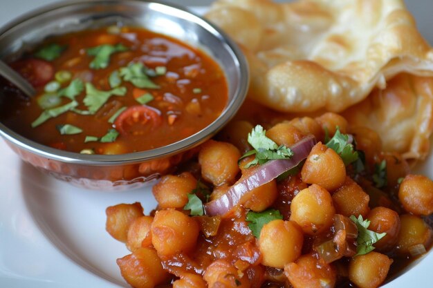 Photo chole bhature with a side of spicy tomatogarlic chutne