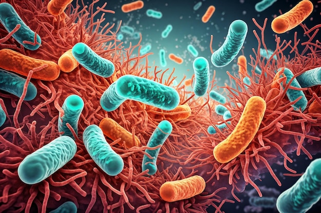 Cholera virus bacteria rendered in 3D on a colorful background