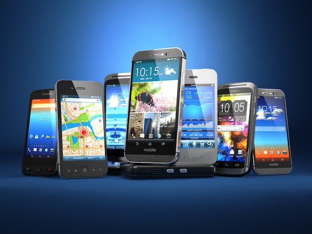 Choose mobile phone Row of the different smartphones on blue background 3d