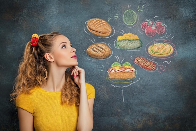 Photo choosing between healthy or unhealthy food with woman thinking