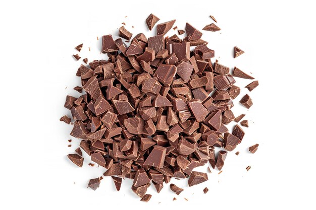 Chopped ground chocolate in a pile separated on white Generative Ai