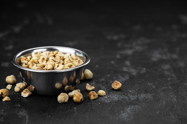 Chopped Hazelnuts close up selective focus