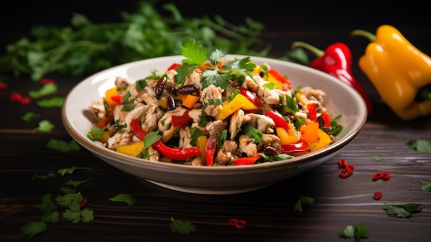 Chopped and minced chicken mushroom salad with colorful background