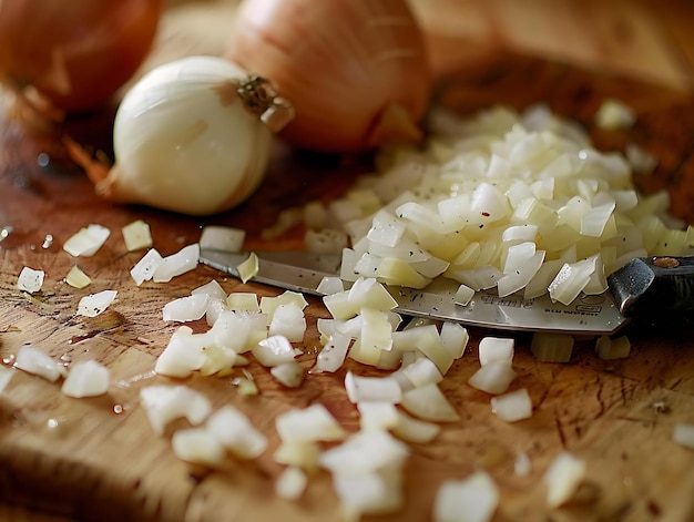 Chopped Onions on Cutting Board with Knife Food Photography