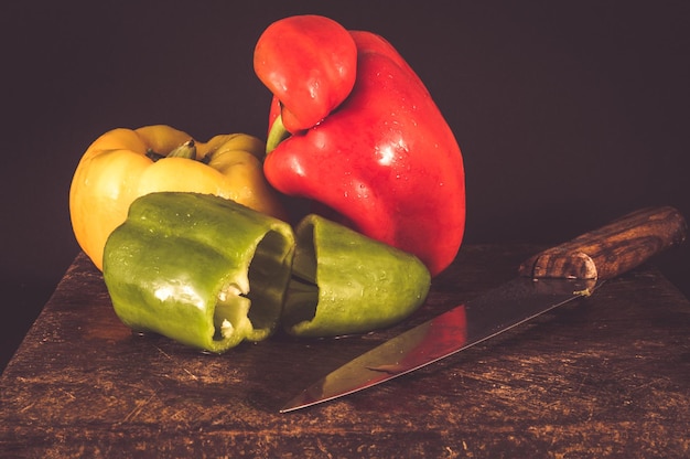 Chopped pepper on a wooden chopping board