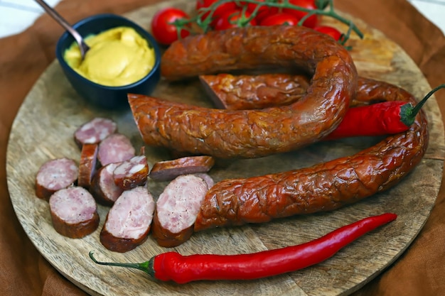 Chopped smoked sausages Fresh homemade sausages on a wooden board