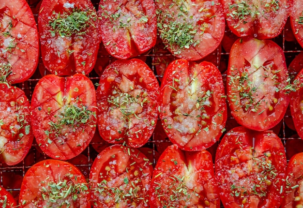 Chopped tomatoes with Provencal herbs. Tomato halves with spices.