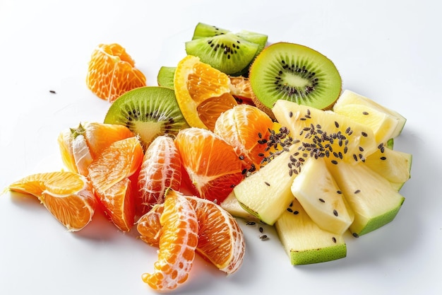 Photo chopped and whole fruits on a neutral or white background juicy and bright photo