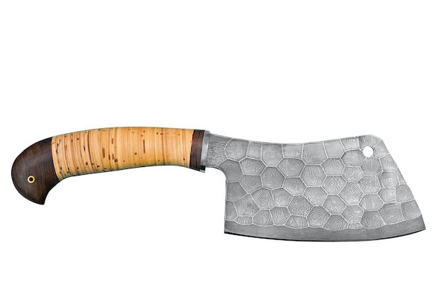 Chopping ax made of damask steek and cork handle isolated on white background