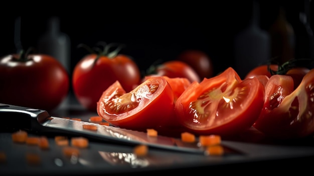 Chopping tomato slices on a chopping board in a dark background