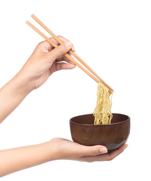 chopsticks holding Chinese vermicelli with bowl isolated on white background