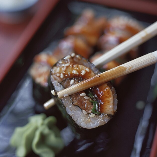 Photo chopsticks holding an unagi roll made of nori