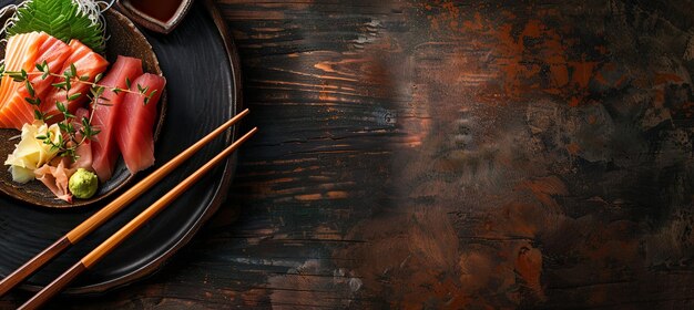 Chopsticks with Sashimi A copy space image featuring chopsticks placed on a wooden table alongside a platter of fresh sashimi