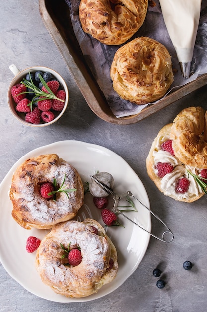 Choux cake Paris Brest with raspberries