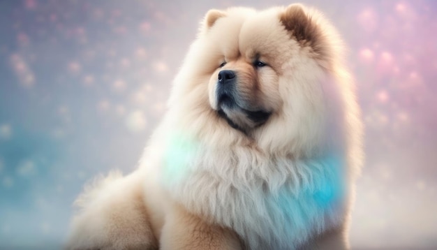 Chow Chow Dog Medium Shot White Pink Blue Magical Fantasy Bokeh Generative AI