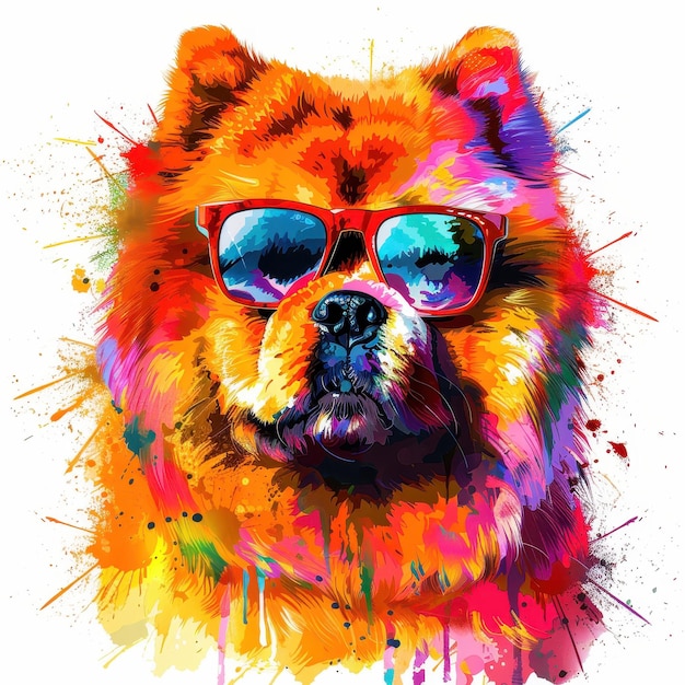 Chow Chow dog wearing sunglasses in colorful pop art style