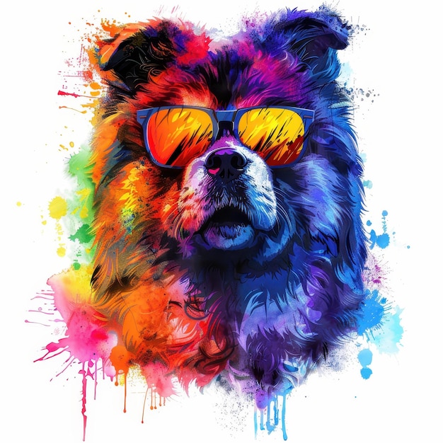 Chow Chow dog wearing sunglasses in colorful pop art style