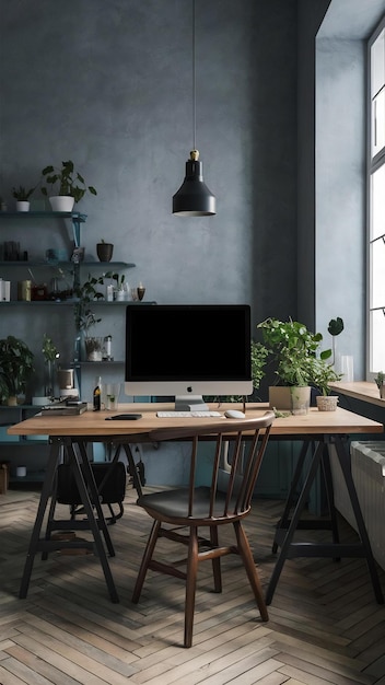 Photo chr at wooden table with computer monitor and plants in grey spacious home office interior g18