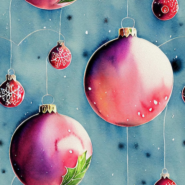 Chrirstmas watercolor ornaments seamless pattern