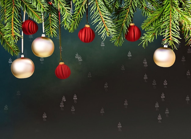 Chrismas background with pine tree branches and hanging baubles